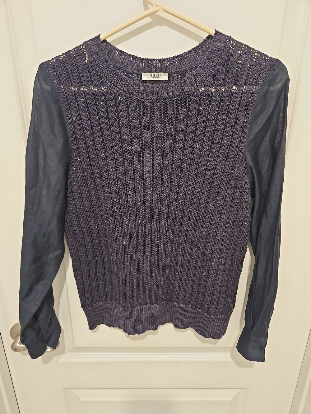 Peserico Knit Sweater Silk Sleeve Top Black Cotton Silk Blend Size 38 US XS/S